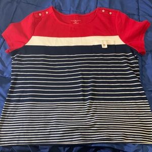 red, white, blue shirt